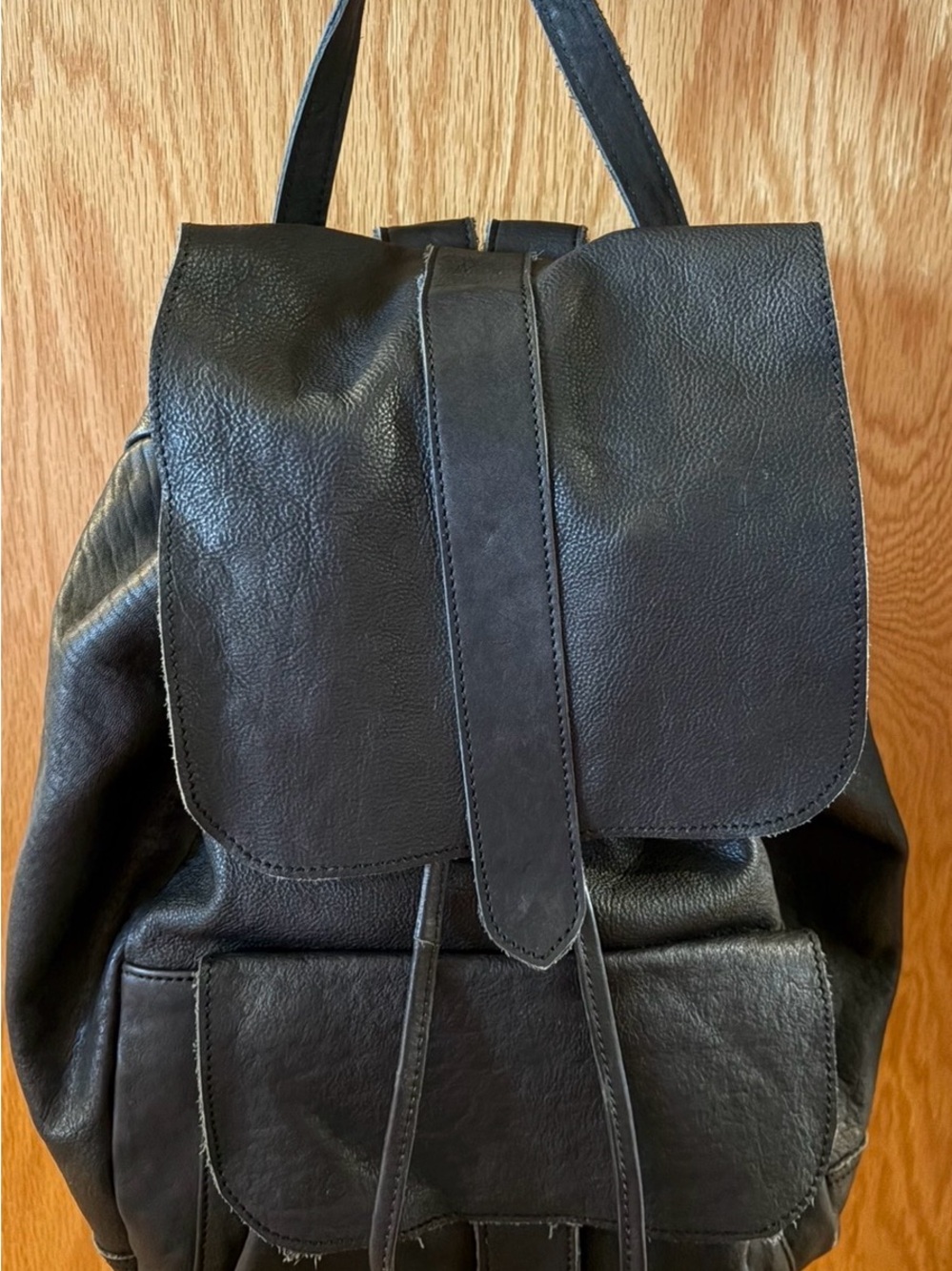CNP Los Angeles Classic Black Leather Raw edged Backpack